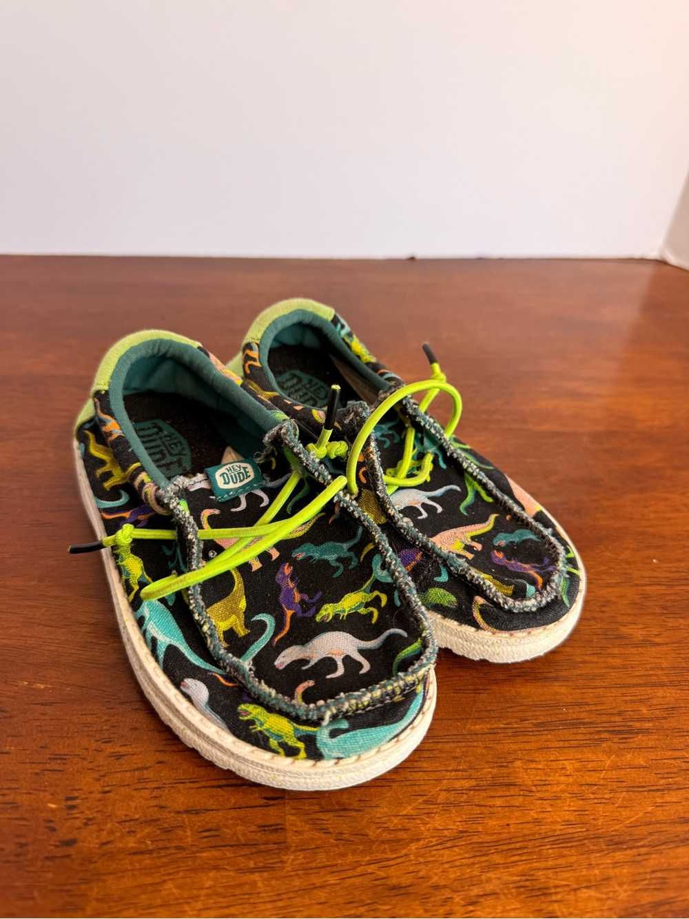 Hey Dude Kids' Neon Laced Dinosaur Slip-On Shoes - Black/Green sz 9